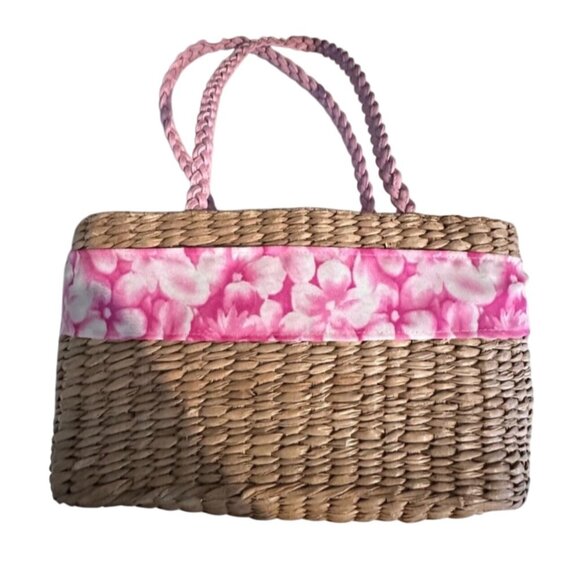 Woven Straw Handbag With Pink Floral Fabric & Braided Handles - Picture 3 of 9